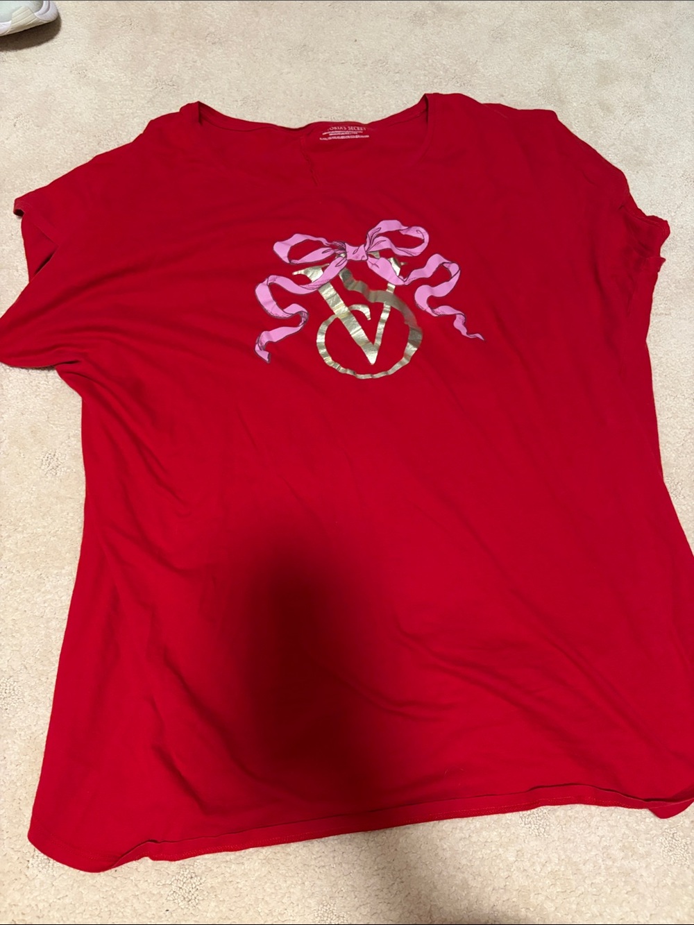 Victoria's Secret Red Short Sleeve Sleep Shirt with Pink Bow & Gold Logo XL/XXL